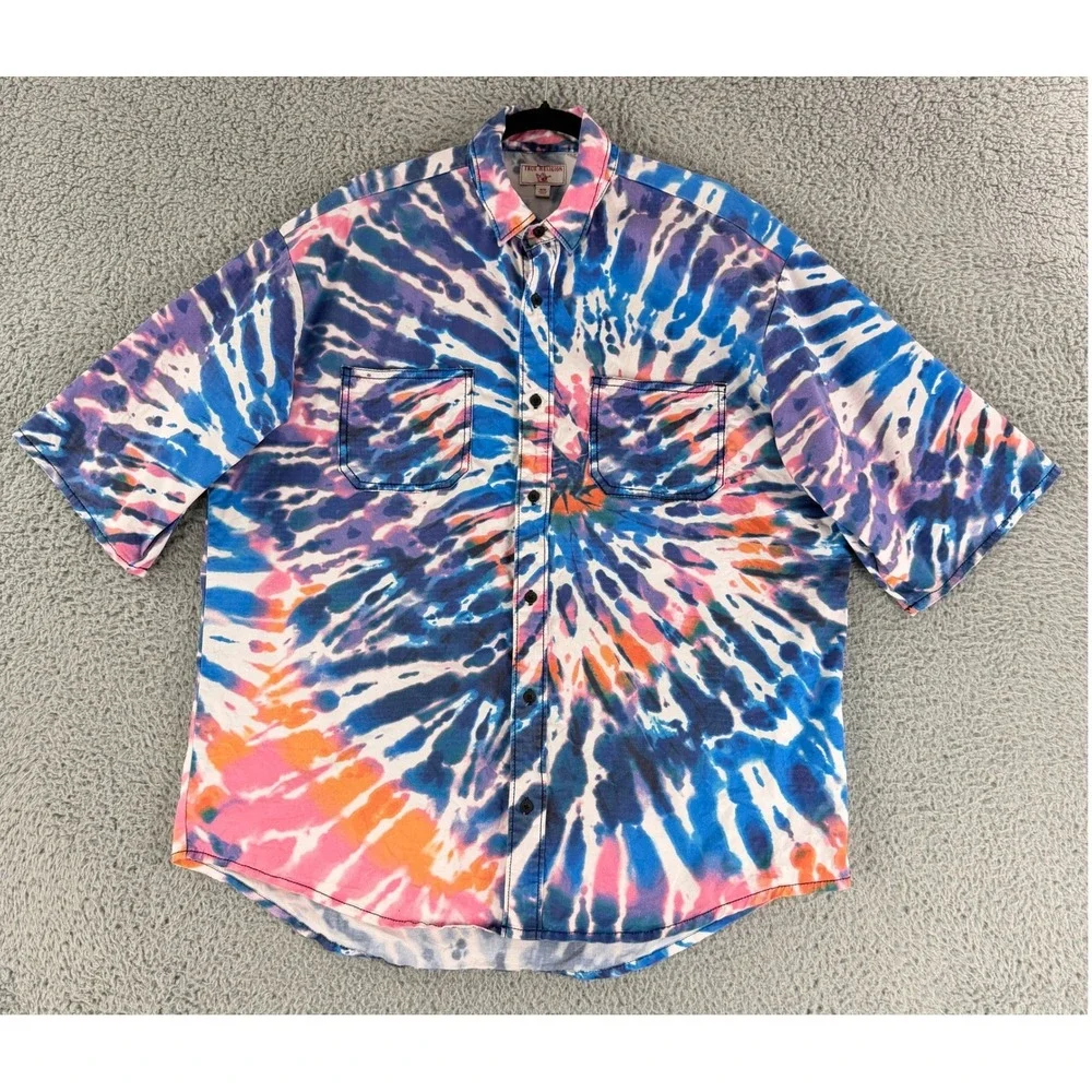 True Religion Button Down Shirt Mens Medium Multicolor Tie Dye Short Sleeve